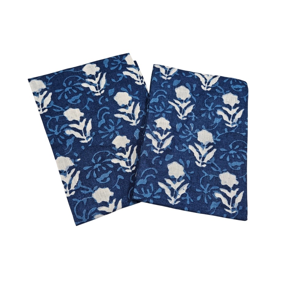 Emily Joubert Napkins Set 2 Blue White Floral Linen Block Print Table Linens